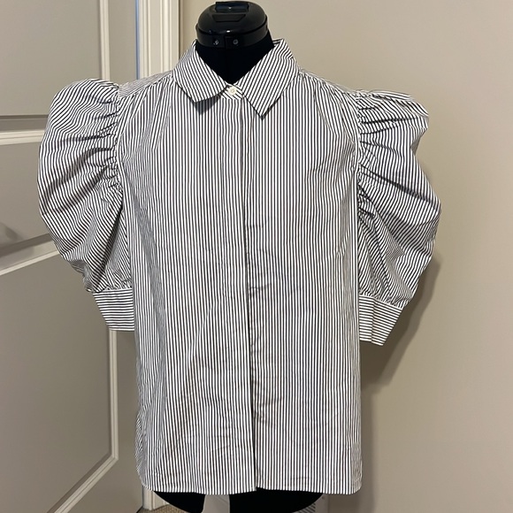 FRAME DENIM Ruched Puff Sleeve Shirt Blouse White with Black Stripes - Picture 5 of 12